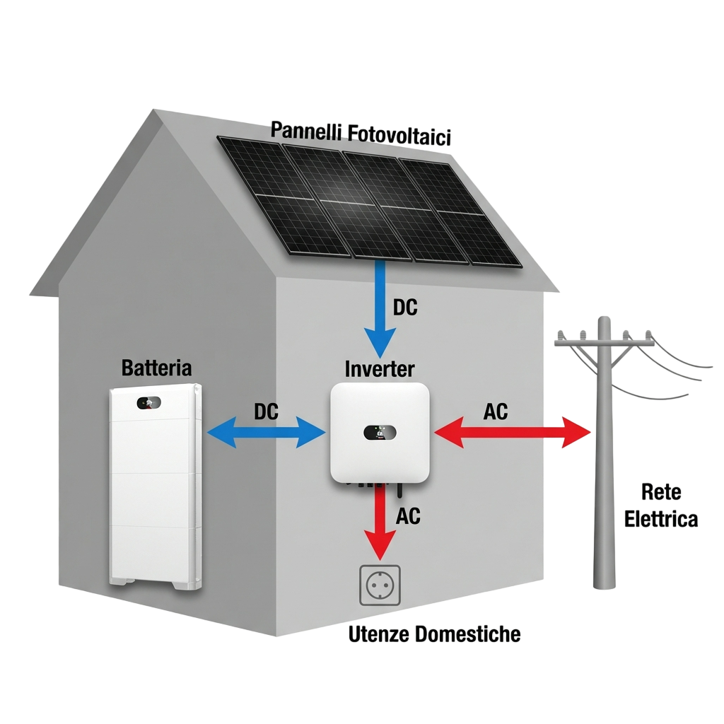 Schema Impianto Fotovoltaico con pannelli Vitovolt, inverter SUN2000 e batteria LUNA2000